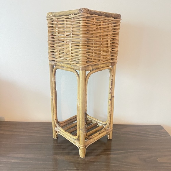 Vintage Art Nouveau Molded Rattan Burnt Bamboo Square Plant Stand Table MCM Boho - Picture 5 of 9